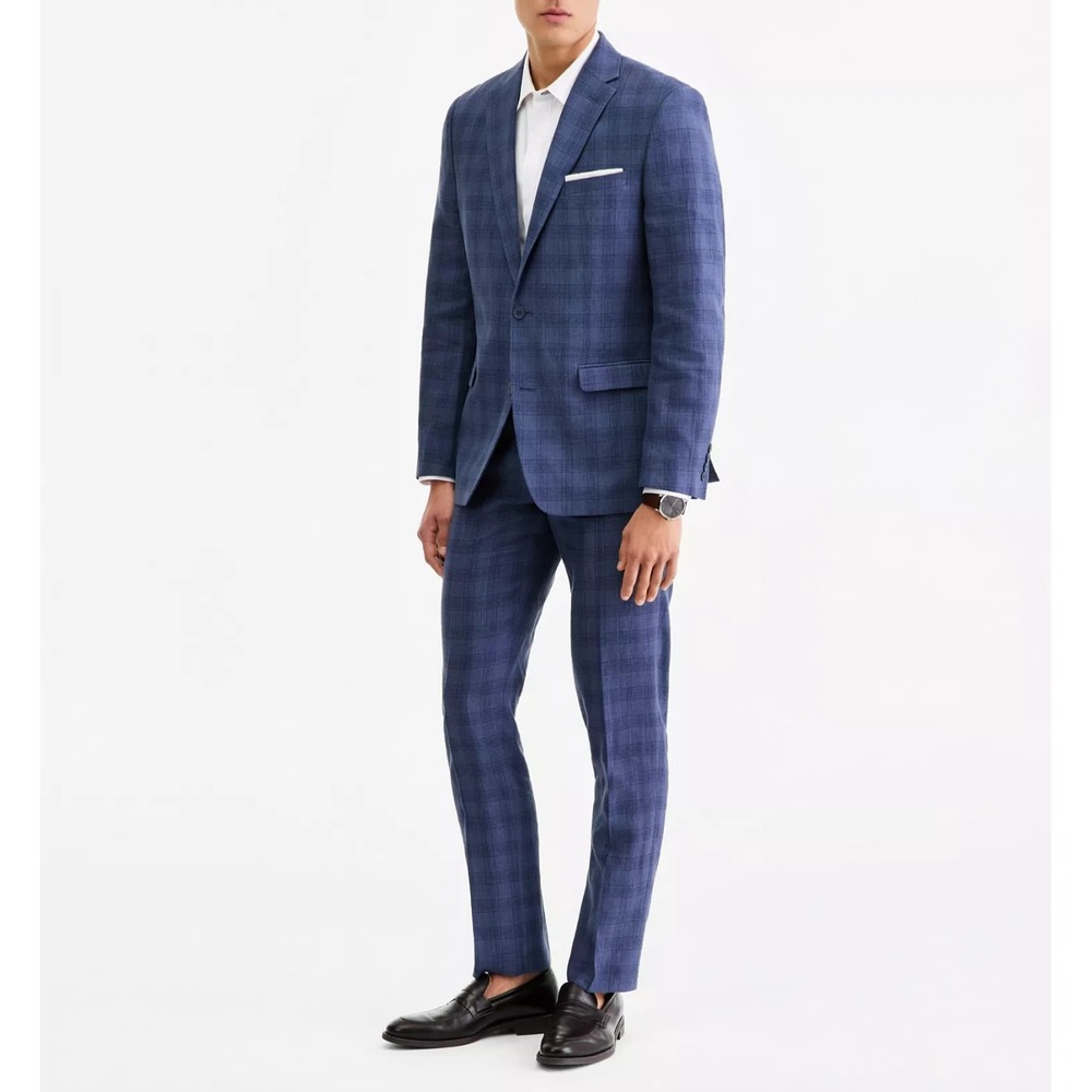 Bar III Men's Plaid Slim-Fit 2-pc Suit Jacket Pants Size 46R 36W 32L Linen Blend